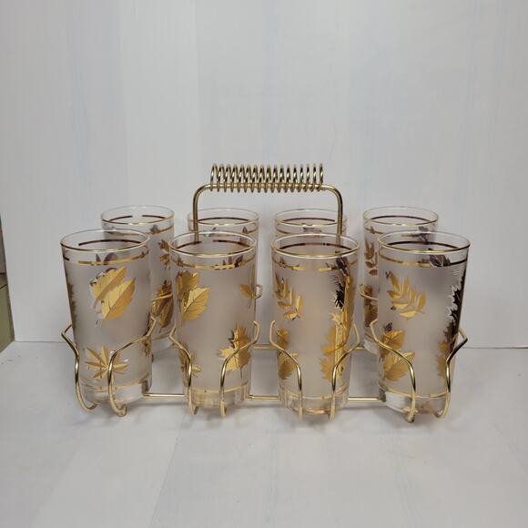 Vintage Libbey Gold Leaf 8 Tumbler Set and Carrier, Hollywood Regency 12 oz - Picture 1 of 4